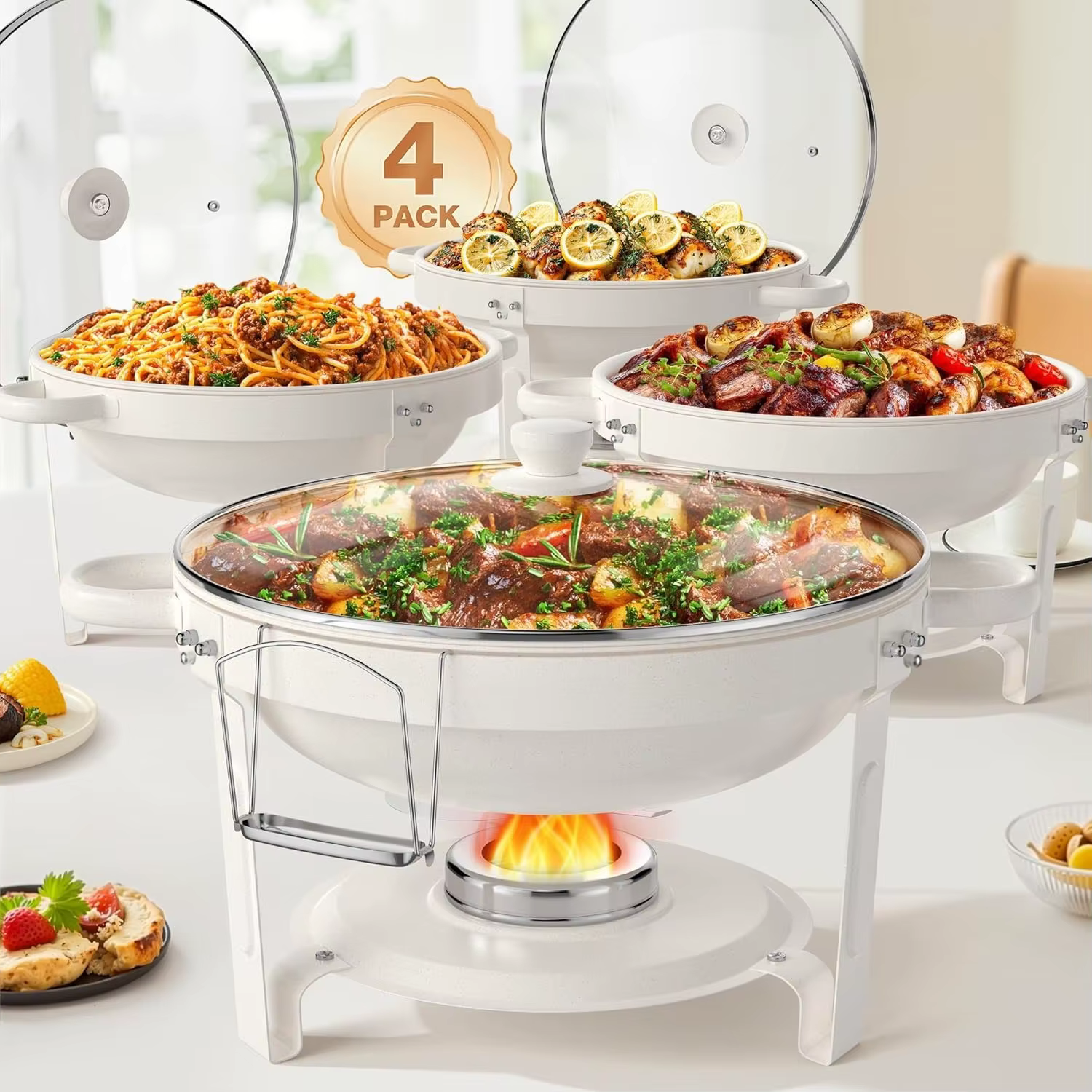 Plats de service blancs pour buffet 5QT avec couvercle en verre empilables