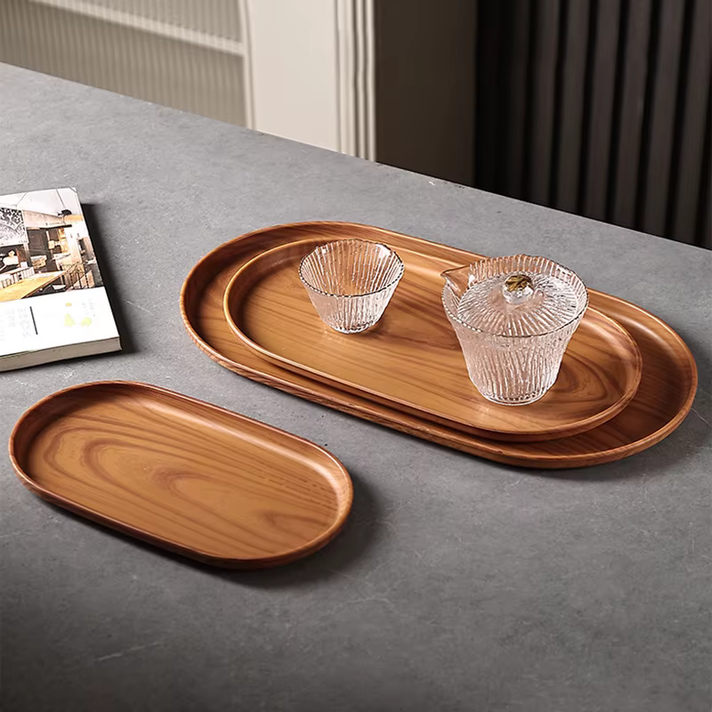 Vaisselle en plastique Grain de bois plateau alimentaire rond Rectangle assiette à Dessert style japonais Snack fruits thé soucoupe palette planche à pain