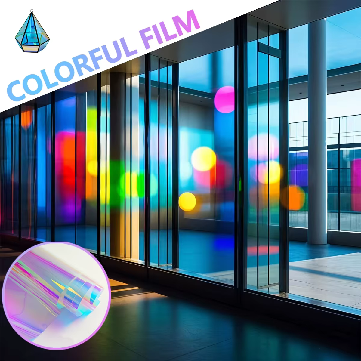 Film de fenêtre transparent holographique, Film de fenêtre décoratif coloré dichroïque pour centre commercial et bureau, vitrail auto-adhésif