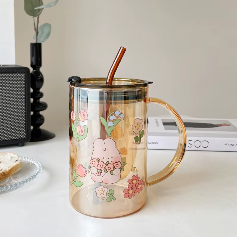 Tasse en verre avec couvercle en paille en forme de lapin mignon, Kawaii, pour café, lait, bière, vin, verres à boire, tasse pour eau et jus coréens, cadeau