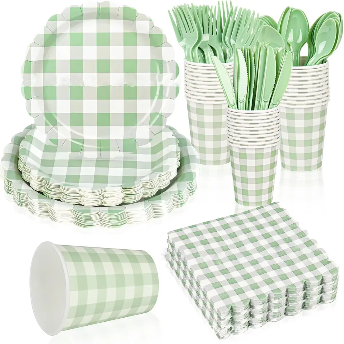 Vaisselle jetable en dentelle à motif quadrillé vert frais pour enfants et adultes