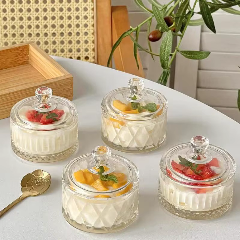 Tasses à Dessert glacées en verre élégantes avec couvercles