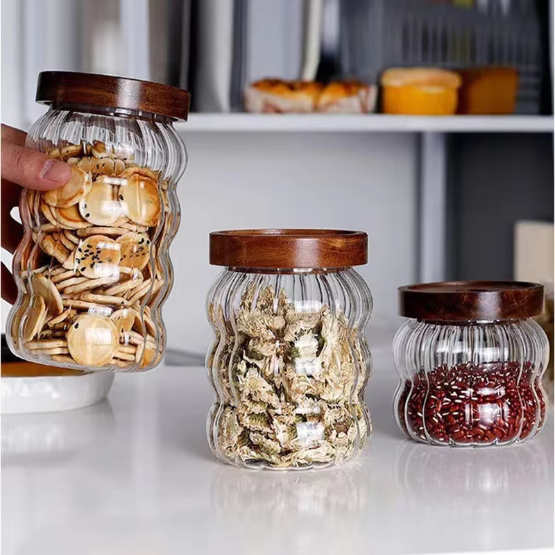 Bouteilles de stockage en verre rayé avec couvercle en bois
