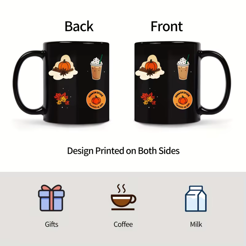 Tasse en céramique noire avec latte aux épices de citrouille et design de feuilles d'automne pour les amateurs de café