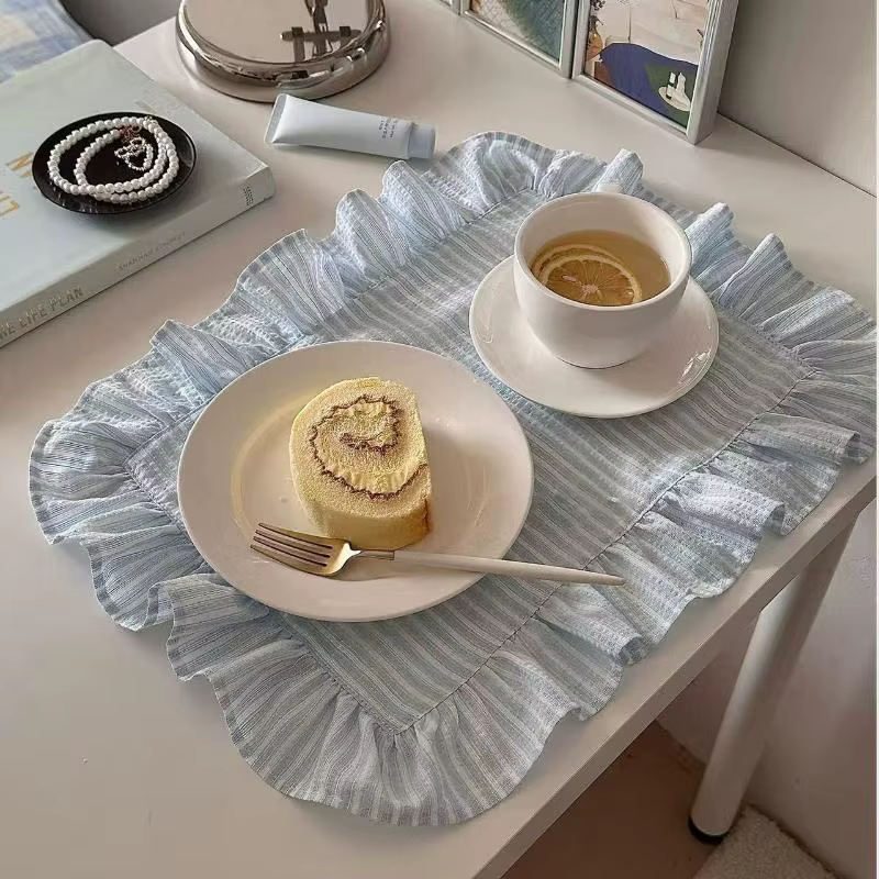 Napperons à volants rayés rose et bleu – Ensemble de décoration de table mignon pour la cuisine