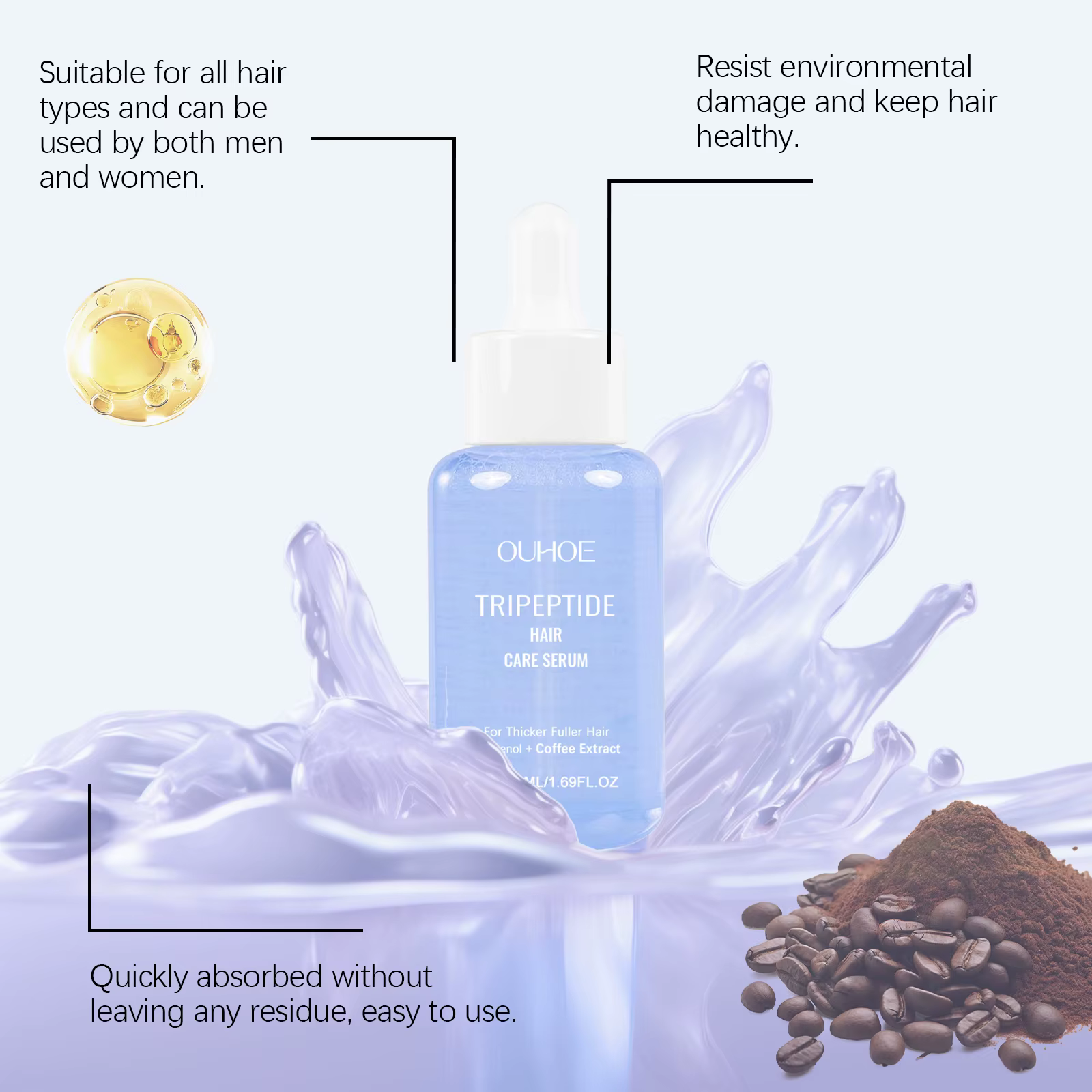 Sérum capillaire tripeptide, traitement fortifiant et nourrissant du cuir chevelu, extrait de café, favorise des cheveux plus épais, plus volumineux et plus sains, 50 ml