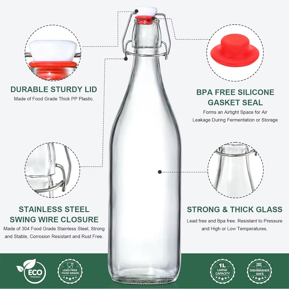 Bouteilles en verre classiques à bouchon basculant 1L avec marqueur et étiquettes - Bouteille transparente avec