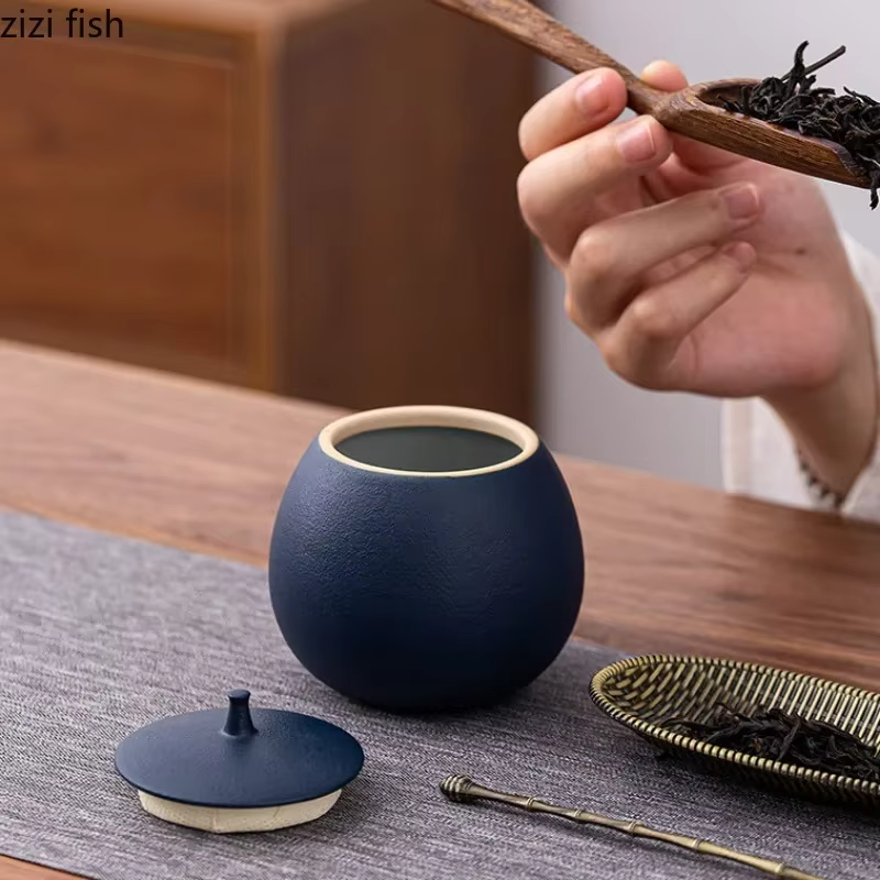Boîte à thé en grès pot rond scellé caddie à thé en céramique