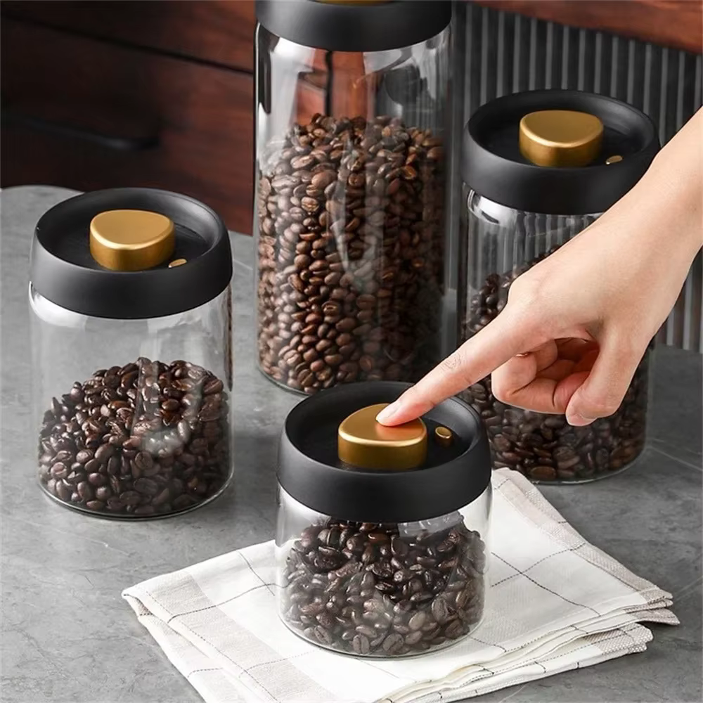 1 boîte de rangement pour grains de café avec couvercle hermétique et système de pression sous vide en verre