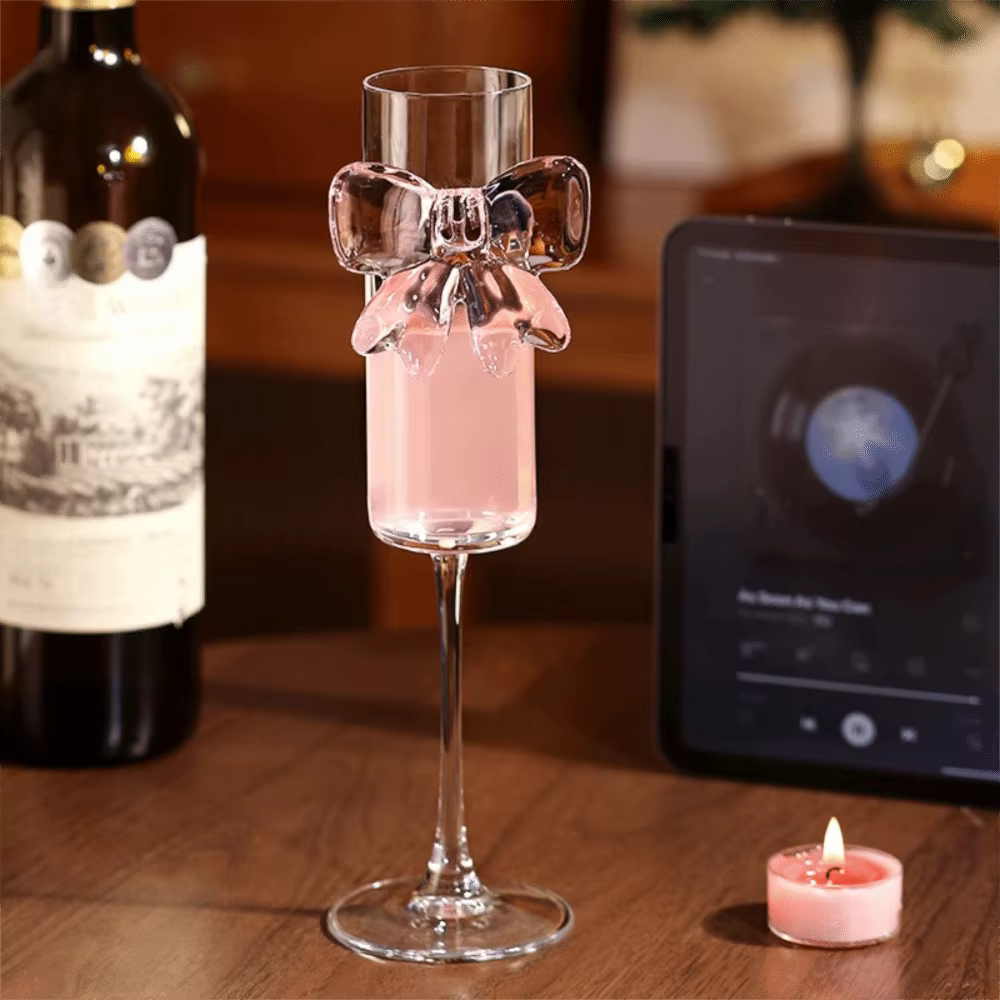 Verre à Champagne avec nœud rose clair