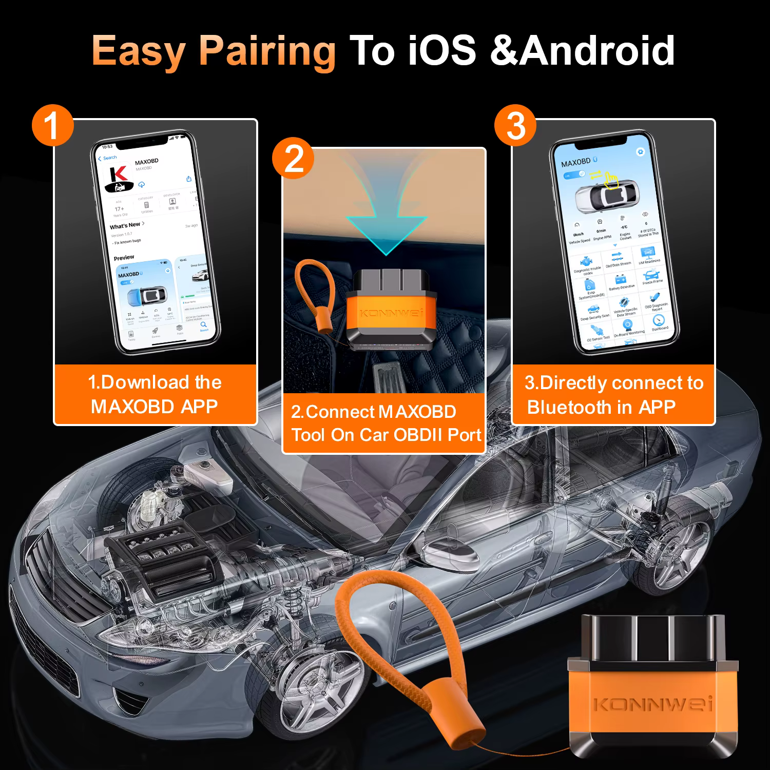 KONNWEI outil de Diagnostic de défauts de voiture OBD2 connexion Bluetooth contrôle par application MAXOBD numérisation Codes d'erreur clairs outil de numérisation OBD2 de voiture