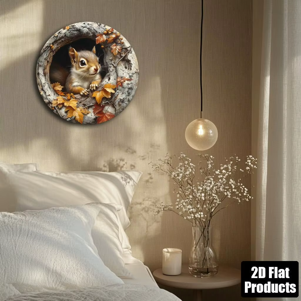 Assiette ronde en bois à motif érable et écureuil rétro