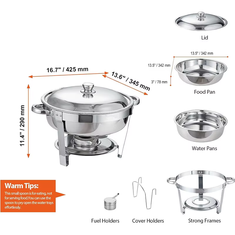 Ensemble de buffet à réchauds ronds en acier inoxydable 5QT