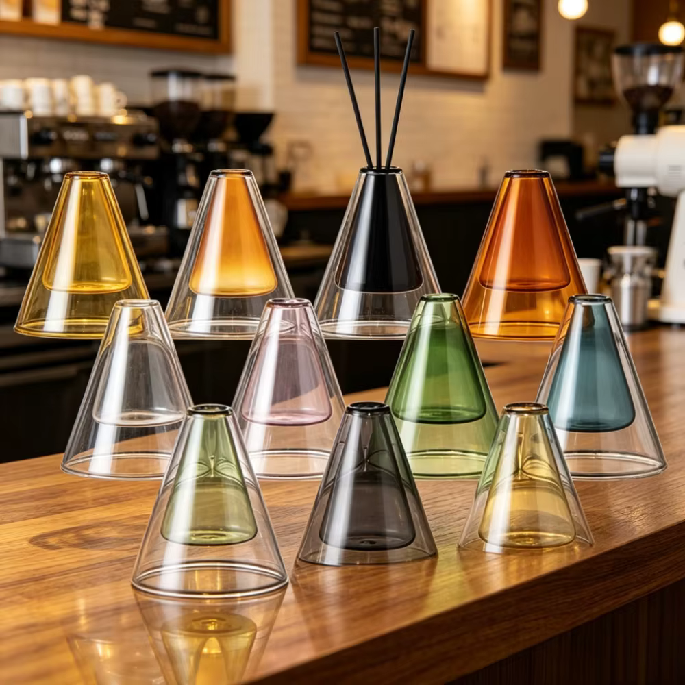 Bouteille en verre triangulaire à double paroi pour aromathérapie, organisateur d'huiles, conteneurs de rangement, centre de table de mariage, décoration intérieure