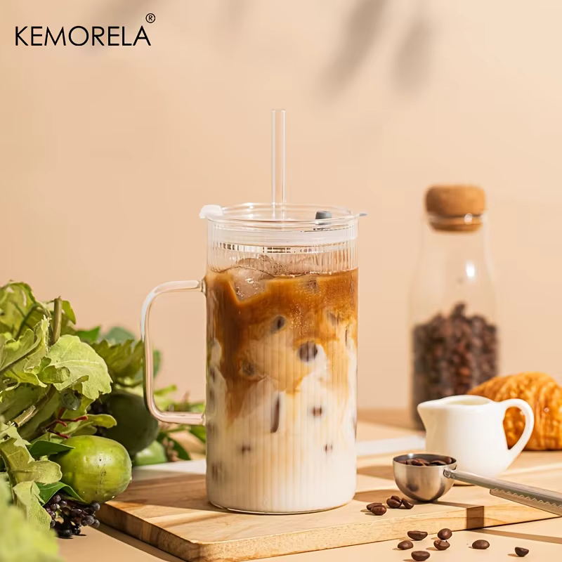 KEMORELA Grand gobelet en verre nervuré de 740 ml avec poignée et couvercle