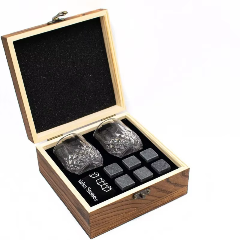 Cadeau de fête des pères pour hommes, ensemble de verres à pierres à whisky, bloc de glace en granit pour whisky dans une boîte de bouteille en bois, cadeau pour papa et mari