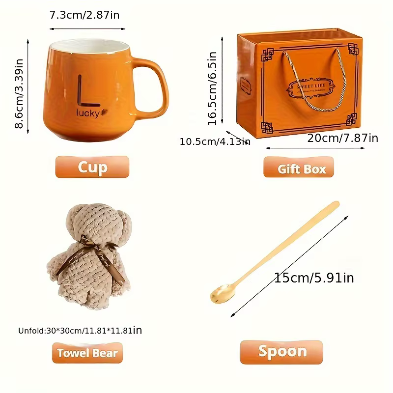 Ensemble de tasses à café en céramique 4-en-1 de luxe avec serviette et cuillère en forme d'ours - Cadeau pour mariage
