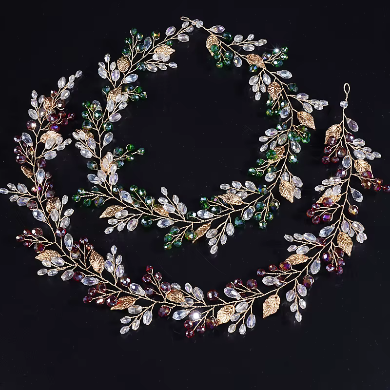 Coiffes de mariage en or pour mariée, bandeau de mariée fait à la main avec feuille, accessoires pour cheveux en cristal, vigne pour femmes