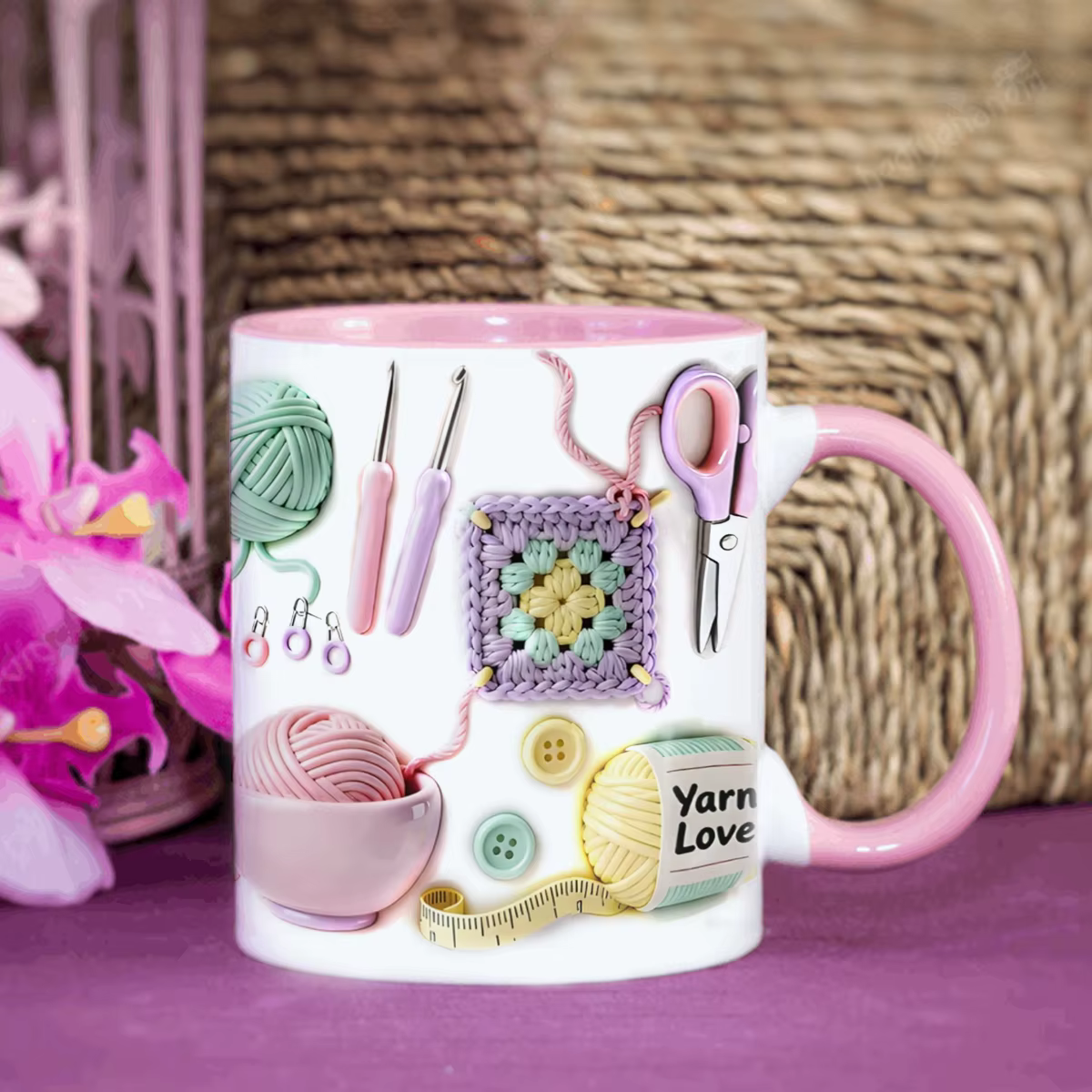 Tasse à café personnalisée avec motif tricoté - Nom gravé et logo boule de laine - Cadeau pour les artistes en fibres
