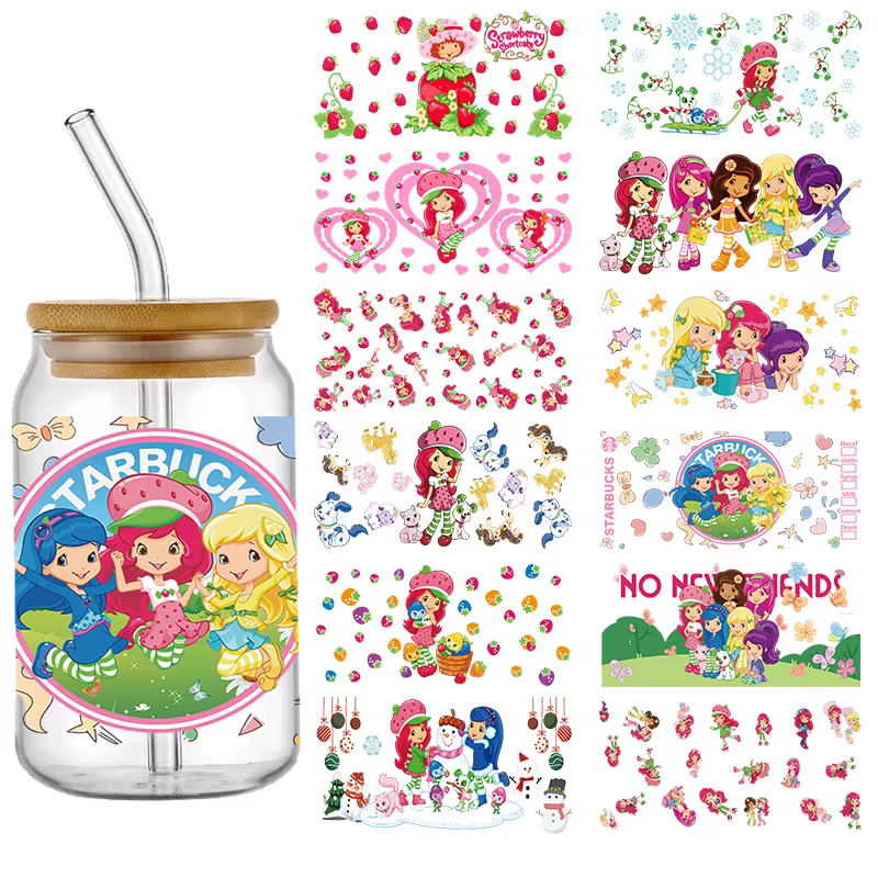 Mignon baies fraise UV DTF tasse enveloppement 16oz Libbey verre bière bricolage fraise fille cadeau pour ses autocollants de transfert à la mode