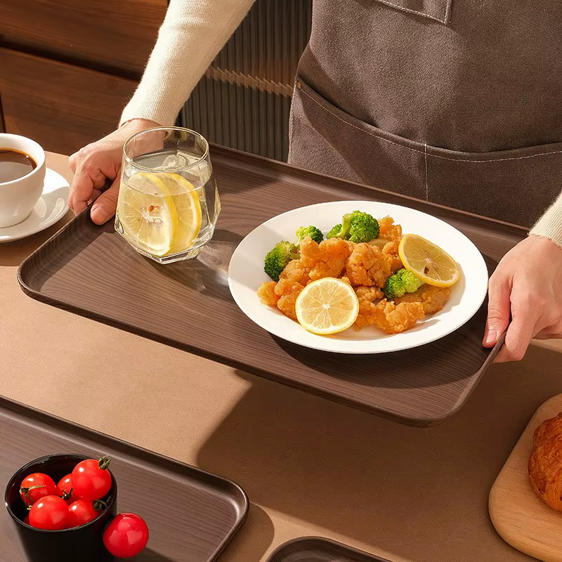 Plateau de service rectangulaire en plastique grain de bois