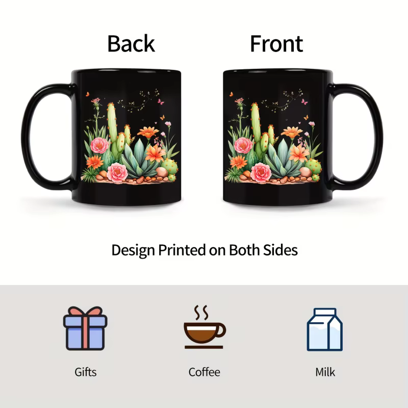Tasse en céramique Cactus noir et fleurs