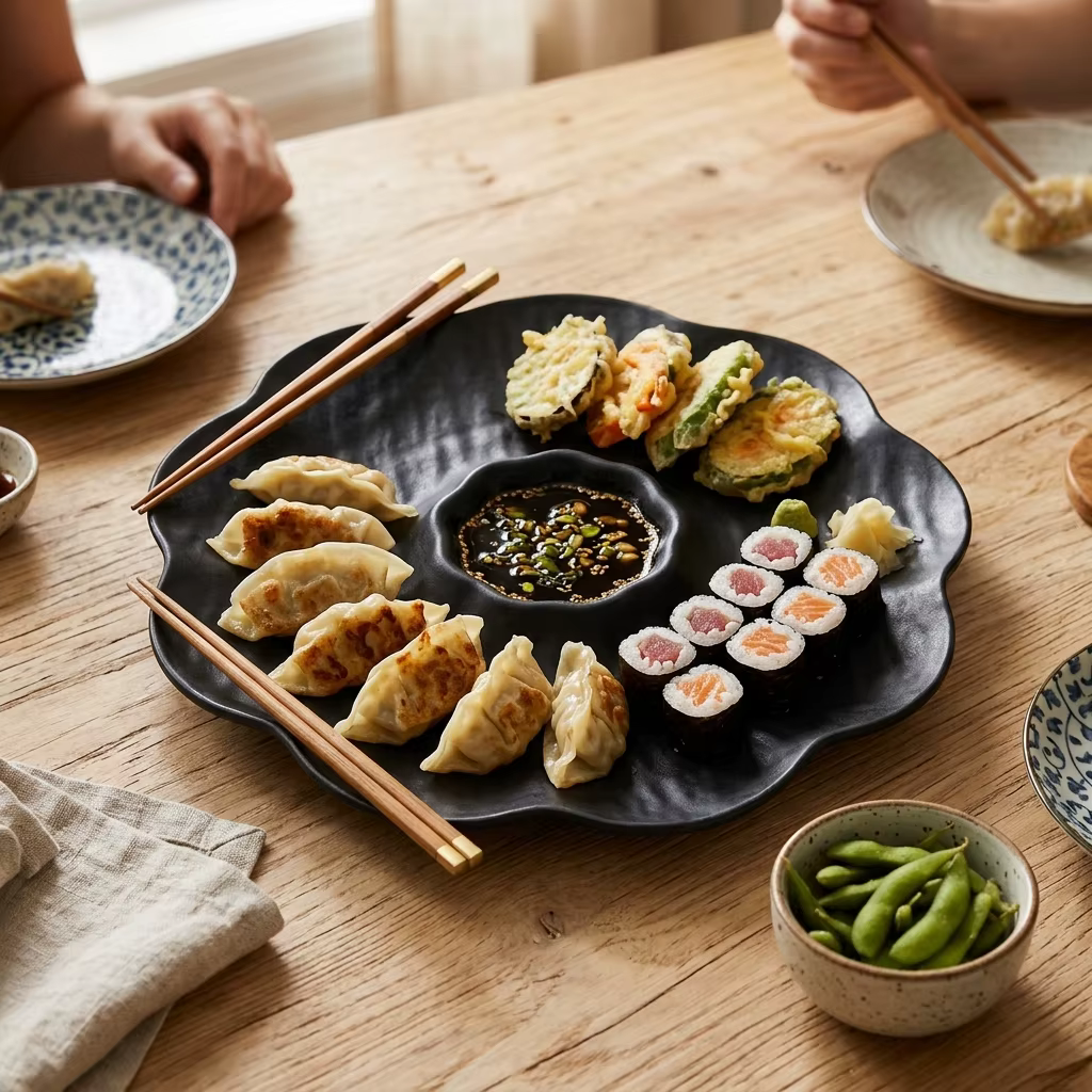 Plateau à dumplings japonais en plastique avec coupelle à sauce