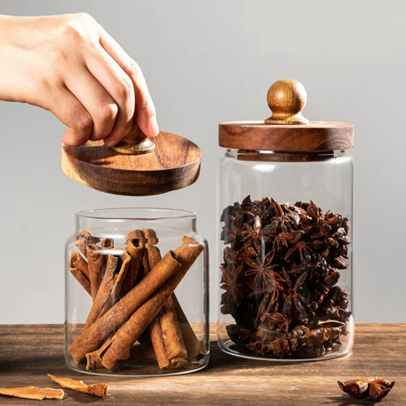 Pot de stockage des aliments en verre avec couvercle en bois