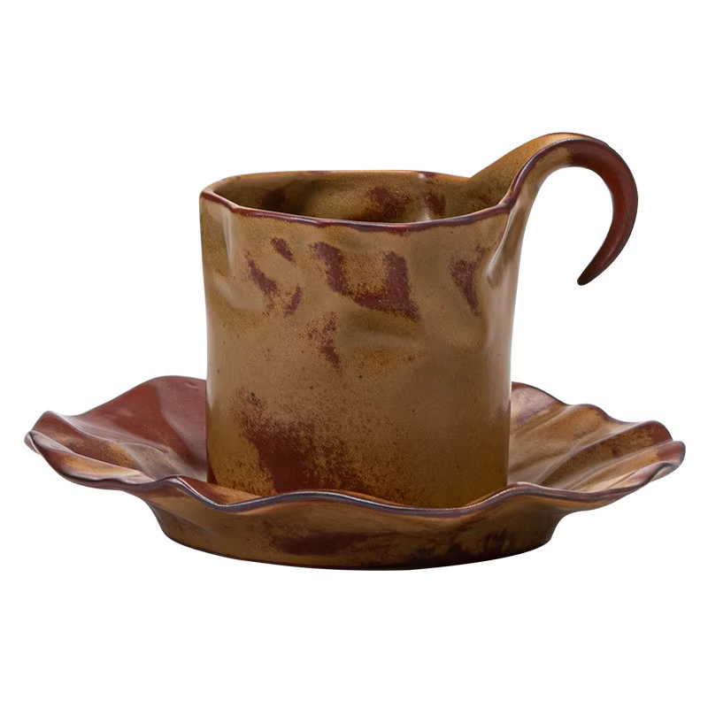 Tasse à café en céramique plissée de luxe léger japonais et ensemble S/05 er