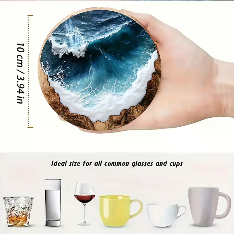 Ensemble de dessous de verre et de napperons ronds en bois bleu océan