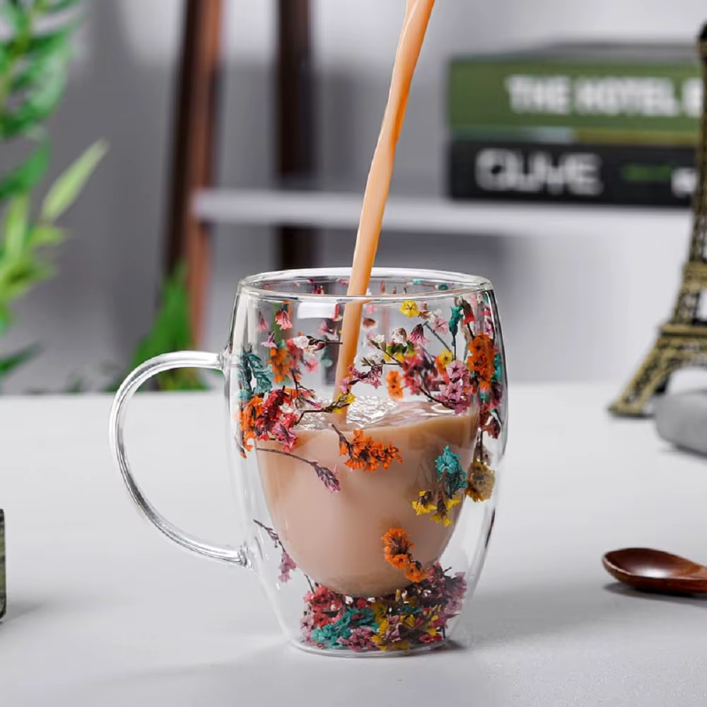 Tasse à café en verre à fleurs à Double paroi de 300ML