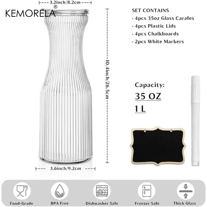 Carafe en verre côtelé de 1L avec couvercle