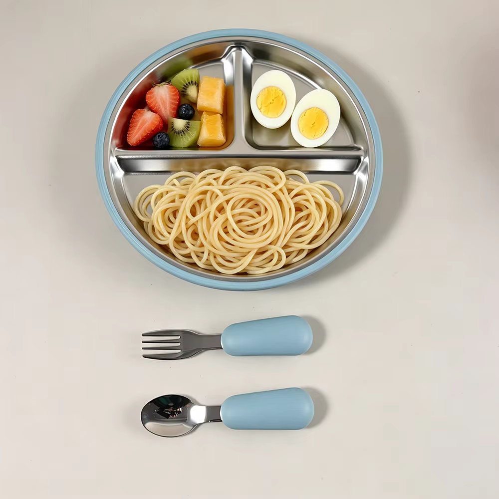 Assiette pour enfants en acier inoxydable avec bord en silicone