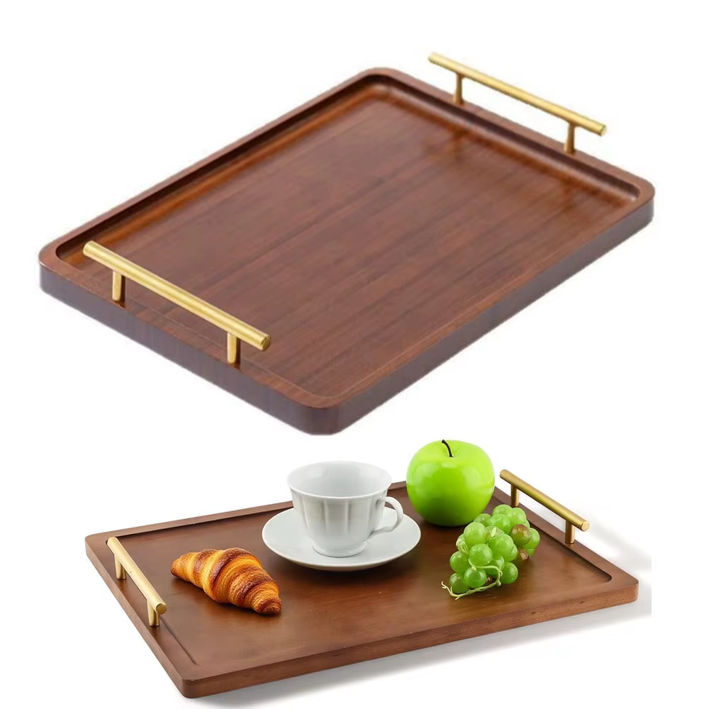 Plateau de service en bois pour aliments et boissons avec poignées métalliques pour table basse