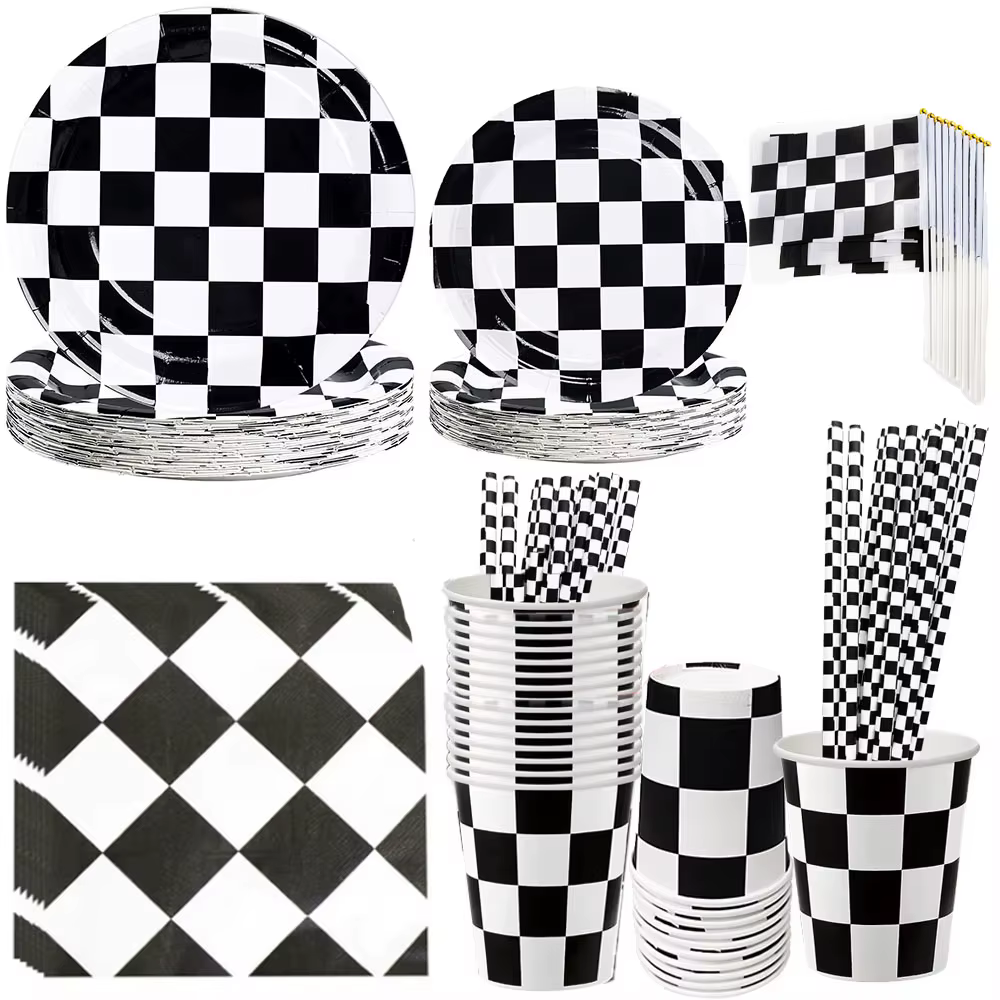 Vaisselle à carreaux noir et blanc pour la décoration de table sur le thème des sports de course, assiettes à dessert, serviettes pour voiture de course, anniversaire