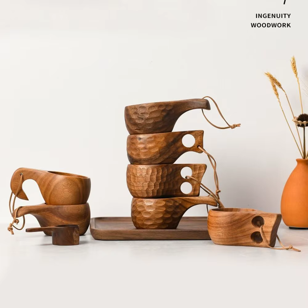 Kuksa-Tasse à café portable avec poignée en bois et caoutchouc
