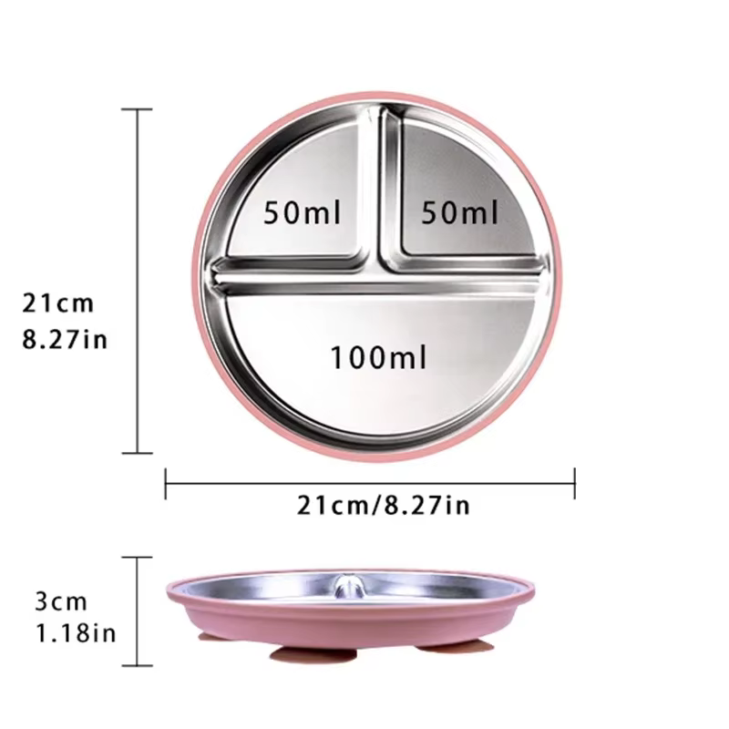 Vaisselle pour enfants en acier inoxydable 304 - Assiette divisée avec base d'aspiration en silicone pour la formation