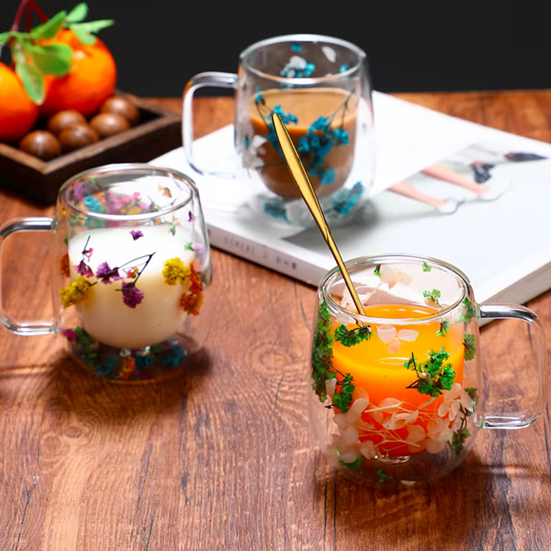 Tasse à café en verre à fleurs séchées, 390ml, Double paroi, verres à boissons, tasse à thé, pour jus de lait, cadeaux d'anniversaire