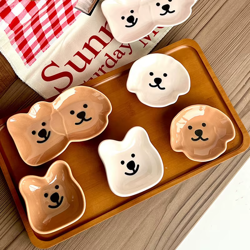 Adorable plat à sauce en céramique avec motif de chien et d'ours mignon – Bol à tremper simple/double compartiment pour