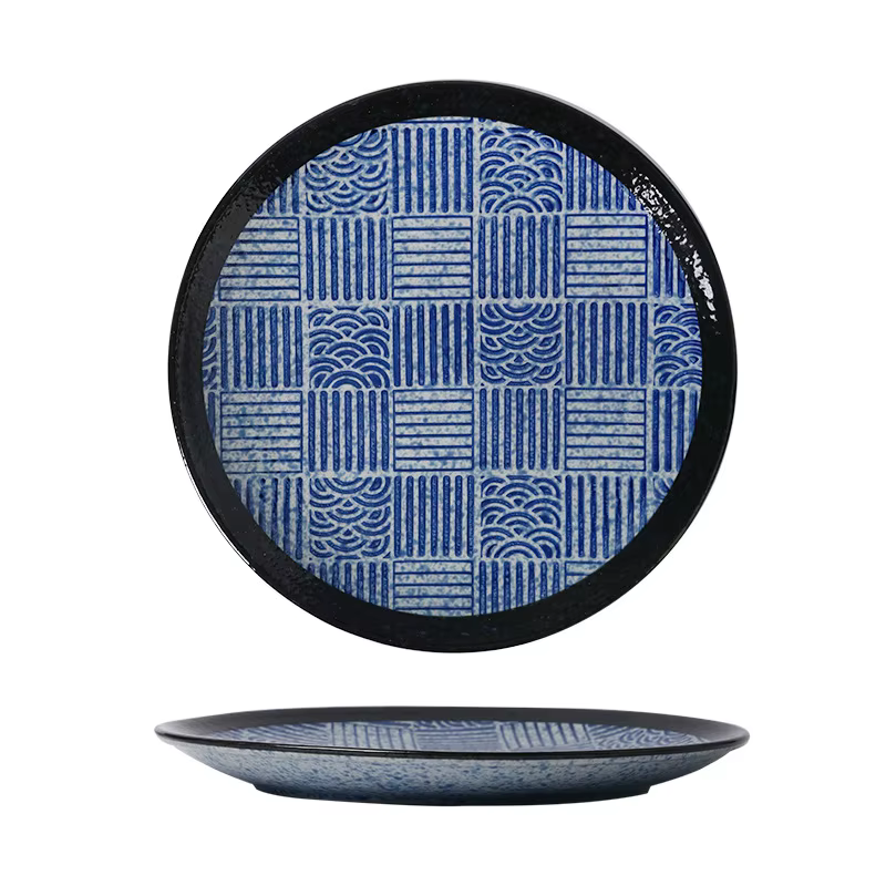 Assiette à Sushi en Céramique à Motif de Vagues Bleues et Blanches