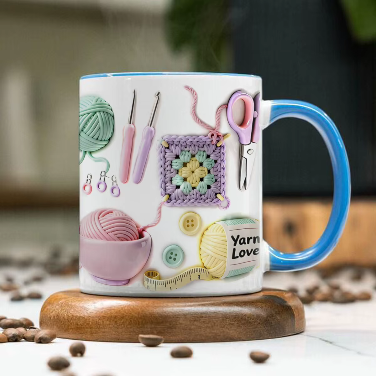 Tasse à café personnalisée avec motif tricoté - Nom gravé et logo boule de laine - Cadeau pour les artistes en fibres