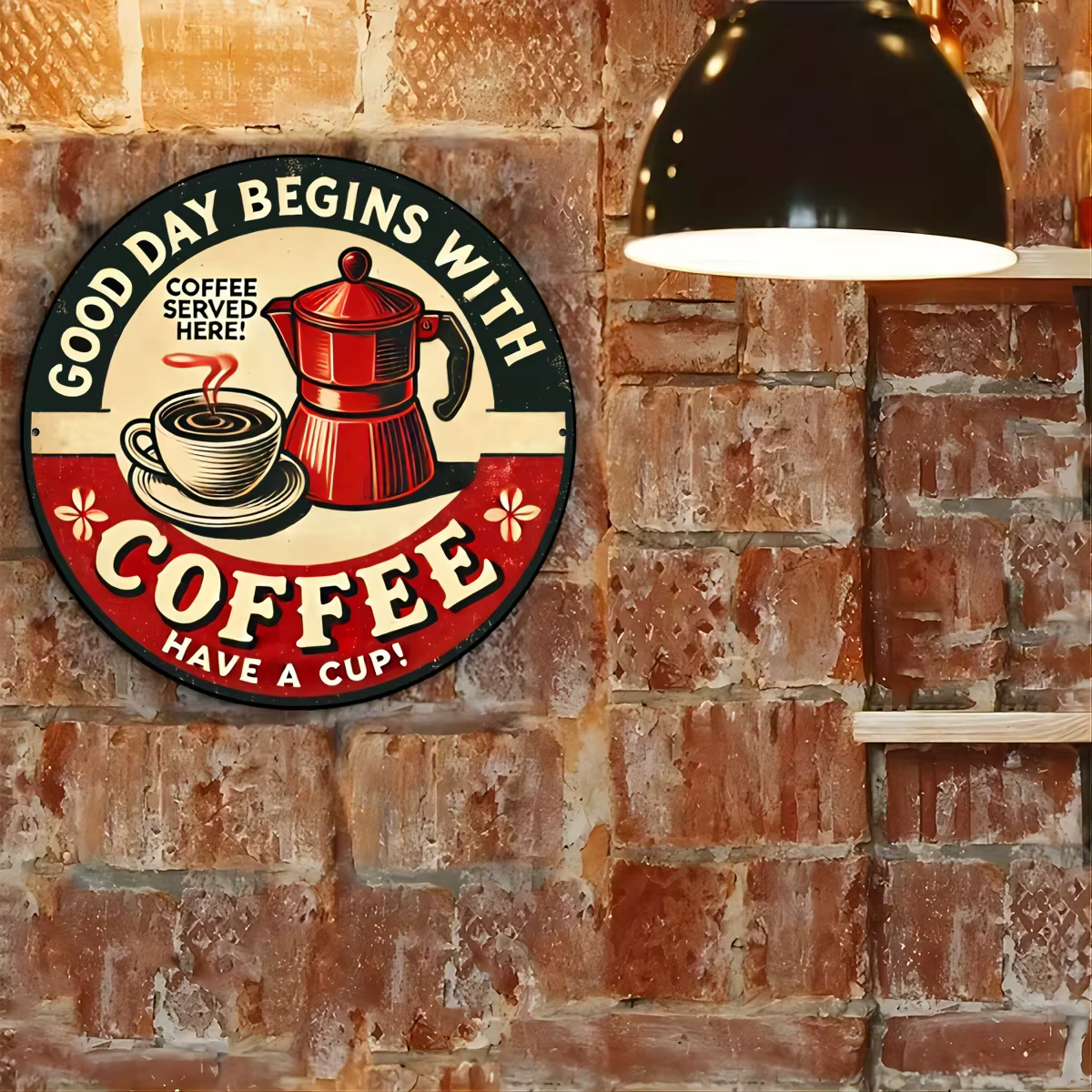 Pancarte Métallique Ronde Vintage « Bonne Journée Commence avec du Café » au Design Rétro