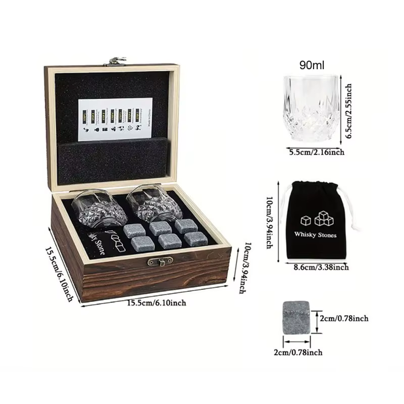 Ensemble de verres à whisky et à charbon, glaçon en granit, boîte en bois, cadeau de fête des pères, papa et mari, hommes