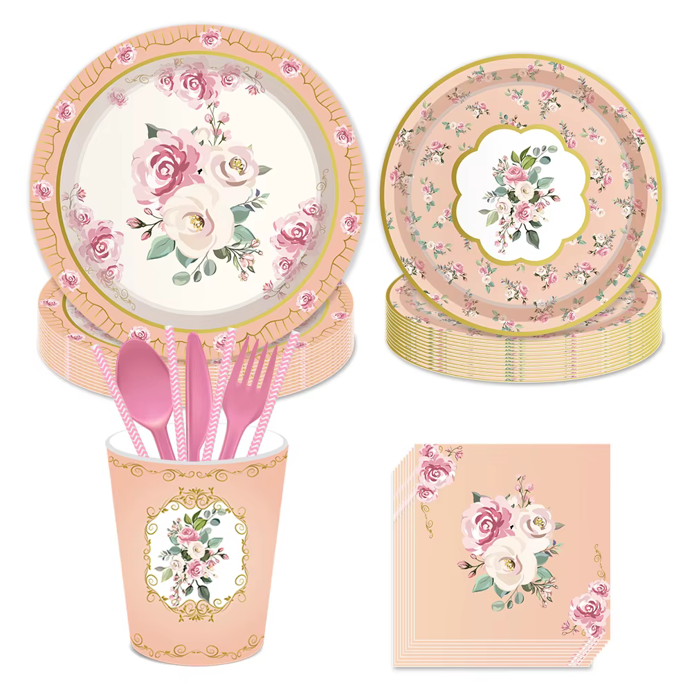 Fournitures de fête florales Vintage vaisselle fleur assiette en papier tasse serviette douche nuptiale mariage anniversaire décoration jardin Tea Party
