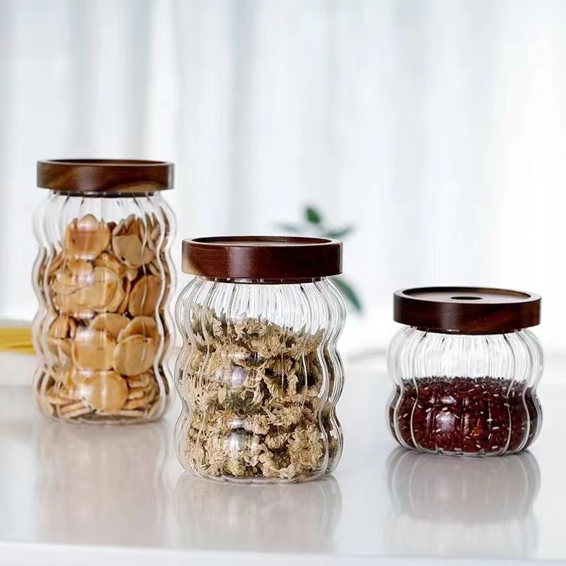 Bocal en verre à haute teneur en borosilicate avec couvercle en bois