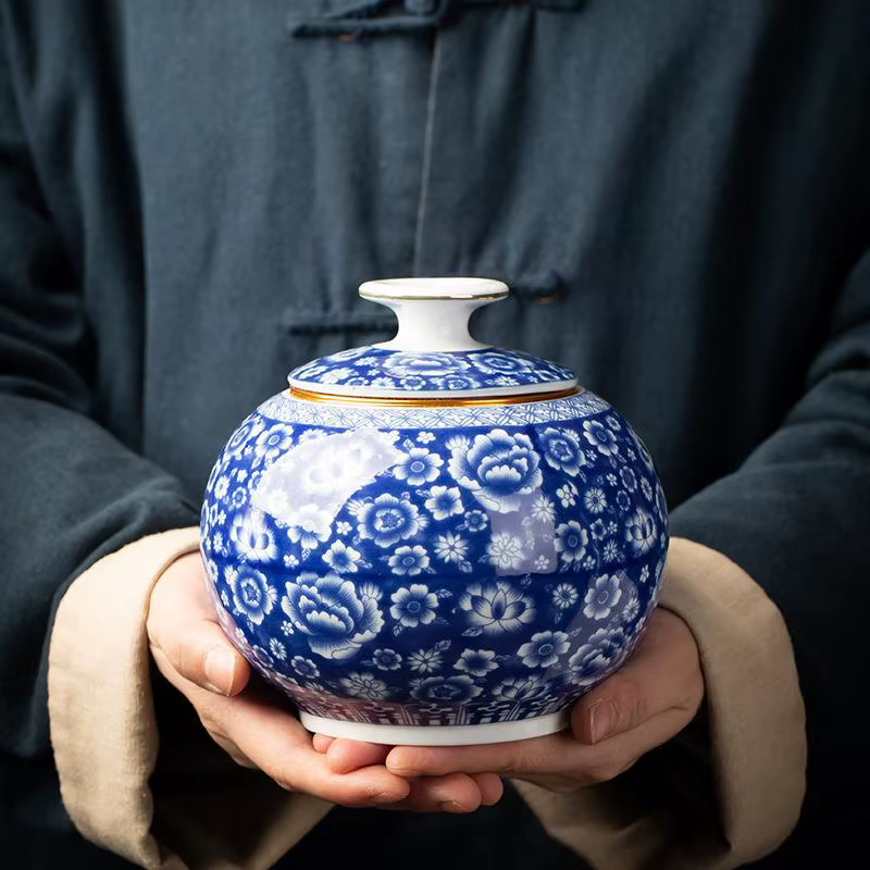 Pot de rangement scellé en porcelaine bleue et blanche Vintage