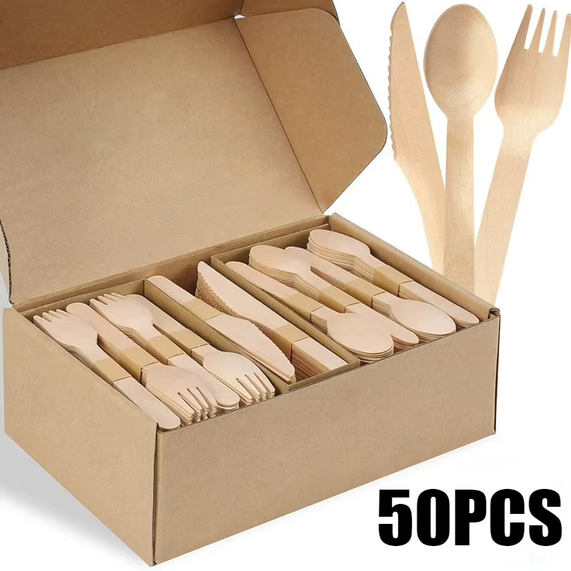 50 pièces jetable en bois cuillère fourchette ensemble de couverts mariages fêtes d'anniversaire Desserts gâteaux crème