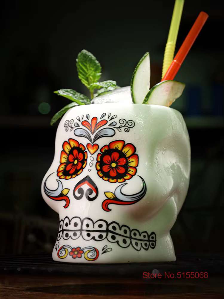 Verre à Cocktail en Céramique avec Motif de Fleur et Crâne