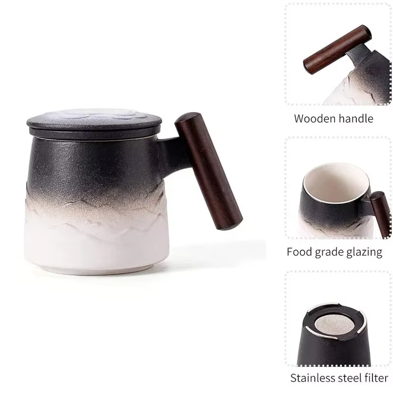 Tasse à café thermique en céramique avec poignée en bois
