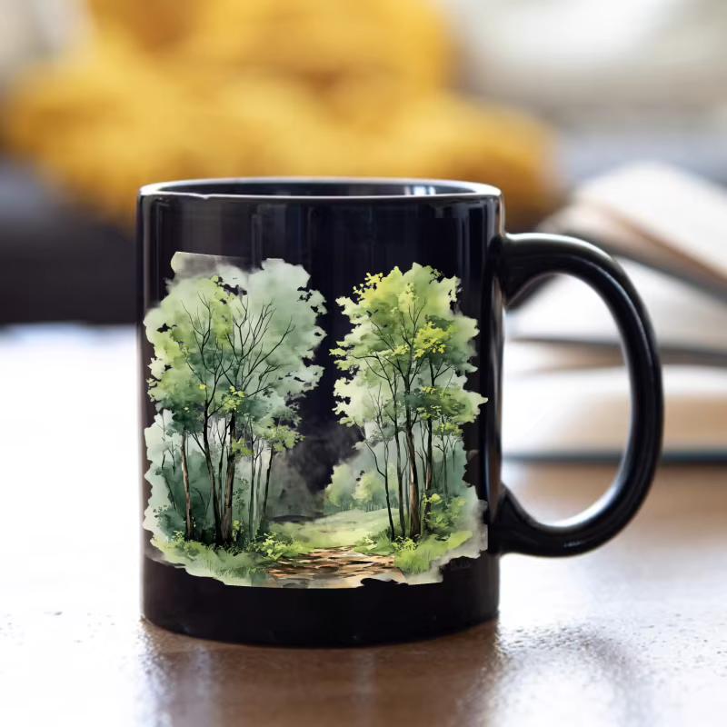 Tasse en céramique, conception d'aquarelle de paysage de forêt noire